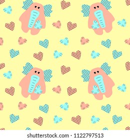 Vector seamless pattern with orange elephant and heart with polka dots on yellow backdrop. For print on clothes for boys and girls, package, banner, wrapping paper, card. Cute background for children.