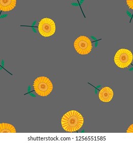 Vector seamless pattern orange flowers with flying butterfly on grey background. Illustration cartoon mixed sunflower in yellow and orange tone