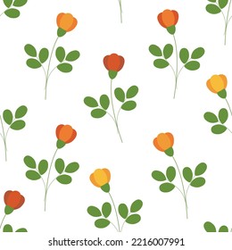 Vector seamless pattern with orange flowers and green leaves