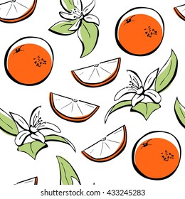 Vector seamless pattern with orange and flowers. Citrus fruit, slices, petals and leaves hand drawn in doodle style. Black outline and color elements on white background.