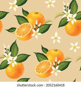 Vector seamless pattern with orange fruit and leaf