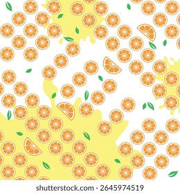 Vector seamless pattern of orange fruit slices with yellow juice splash and green leaves. Perfect for summer drink packaging, fabric, wallpaper, or healthy food backgrounds. Editable flat design