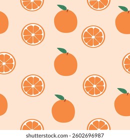 Vector seamless pattern with orange fruits, leaves,and branches. Cute orange fruit background. Flat style pattern for print,fabric,textile and packaging.