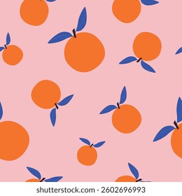 Vector seamless pattern with orange fruits, leaves,and branches.Summer theme orange fruit wallpaper. Flat style pattern for print,fabric,textile and packaging.
