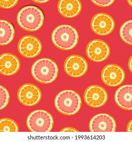 Vector seamless pattern of orange and grapefruit on red background. Fresh summer citrus fruit.