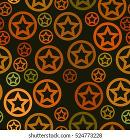 vector seamless pattern - orange and green stars in circles on dark green background