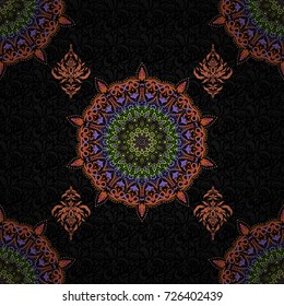 Vector seamless pattern with orange, green and pink elements. Motley grid on a black background.