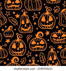 Vector seamless pattern with orange Halloween pumpkin on black. Halloween background of magic elements.