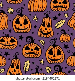 Vector seamless pattern with orange Halloween pumpkin on violet. Halloween background of magic elements.