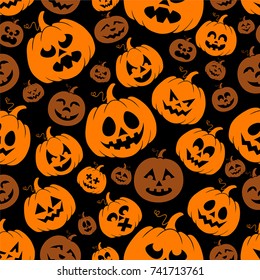 Vector Seamless Pattern With Orange Halloween Pumpkin On Black