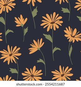 Vector seamless pattern with orange hand drawn flowers on dark background