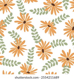 Vector seamless pattern with orange hand drawn flowers on white background