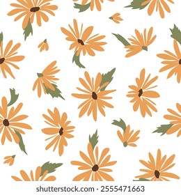 Vector seamless pattern with orange hand drawn flowers on white background