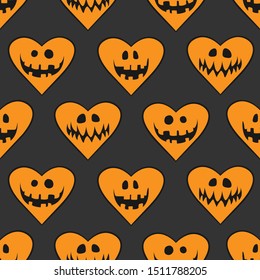 Vector seamless pattern of orange hearts with scary smiles on grey background. Design for fabric, wallpaper, textile, web design, greeting card, gift box.