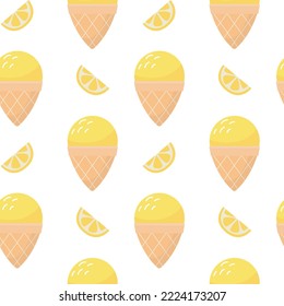 Vector seamless pattern with orange ice cream in a waffle cone. Sweet food dessert.