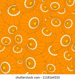 Vector seamless pattern with orange japan umbrellas on black for fabric, wrapping, craft