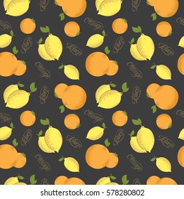 Vector seamless pattern with orange, lemon and lettering