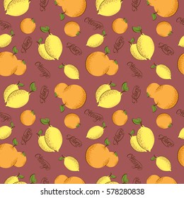 Vector seamless pattern with orange, lemon and lettering