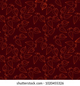 Vector seamless pattern with orange line physalis; wallpaper  with drop orange bright exotic fruits; autumn line art; ornamental elements isolated on red background