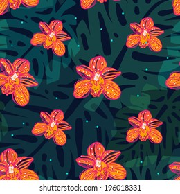 vector seamless pattern with orange orchids and palm leaves