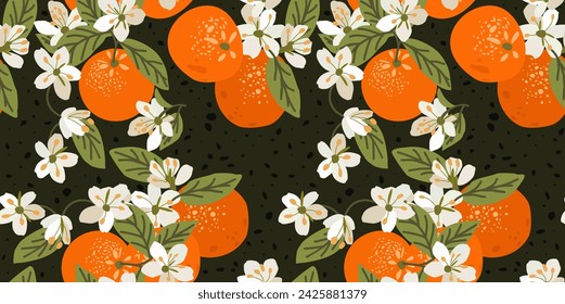 Vector patrón sin fisuras con plantas de naranja con flores y hojas.