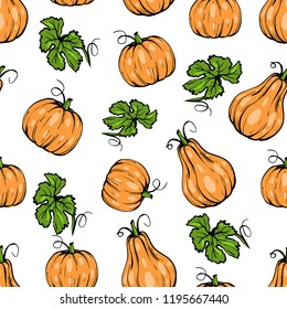 Vector seamless pattern, orange pumpkin different shapes for Halloween with leaves