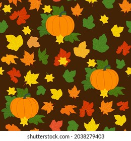 Vector Seamless Pattern of orange pumpkin and green orange yellow brown dry leaves in autumn fall season for September October farming market or pumpkin festival at harvest time.