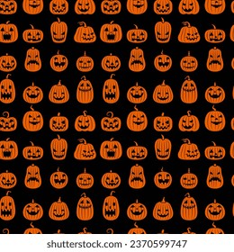 Vector seamless pattern of orange pumpkin emotions smiling spooky on black background or wallpaper for Halloween autumn