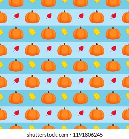 Vector seamless pattern of orange pumpkins and leaves for autumn design