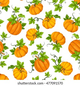 Vector seamless pattern with orange pumpkins and green leaves on a white background.