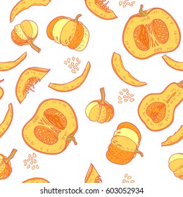 Vector seamless pattern with orange pumpkins and seeds. Doodle hand drawn illustration with gourds. Floral background can be used for wrapping. Texture for Thanksgiving Day design