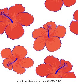 Vector seamless pattern of orange and red tropical flowers (hibiscus) with watercolor effect on white background.