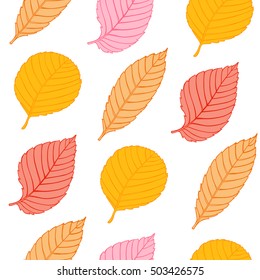 Vector seamless pattern with orange and red leaves. Abstract autumn background.