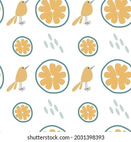 Vector seamless pattern with orange slices and cartoon bird in Scandinavian style for fabrics, paper, textile, gift wrap isolated on white background