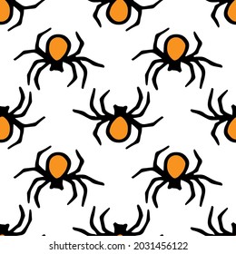 vector seamless pattern of orange spiders with a black outline is drawn in doodle style on a white background. spider top view, black line drawing in doodle style for halloween design template