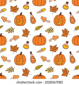 Vector seamless pattern in orange tones of pumpkins, potions, leaves and mushrooms. Graphic illustration in cartoon style for Halloween. For printing on fabric, clothing, packaging and much more.
