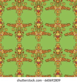 vector seamless pattern with orange totems aztec on green background