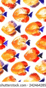 Vector seamless pattern with orange watercolor discus fish