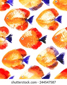 Vector seamless pattern with orange watercolor discus fish