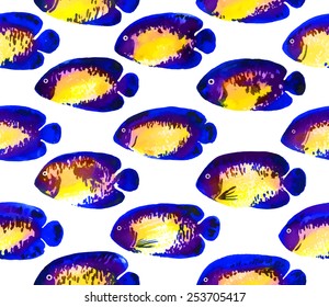 Vector seamless pattern with orange watercolor coral beauty angelfish 