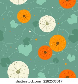 Vector seamless pattern with orange and white pumpkins