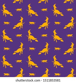 Vector seamless pattern of orange witch and cat silhouette isolated on purple background. Halloween illustration