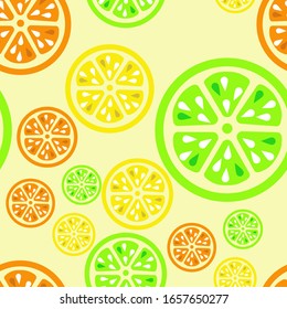Vector seamless pattern with 
orange, yellow and green slices of orange, lemon and lime, repeating elements on a yellow background. Use in textiles, clothing, wallpaper, design, wrapping paper.