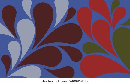 Vector seamless pattern with orange, yellow, blue and purple drops. Abstract floral background in blue tones. Stylish monochrome texture.