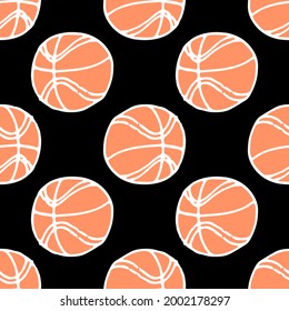 Vector seamless pattern of orange-colored round basketball ball, with a pattern of wavy lines with a white outline on a black background, hand-drawn for sports competitions vector packaging design tem