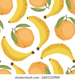 Vector seamless pattern with oranges and bananas on white background