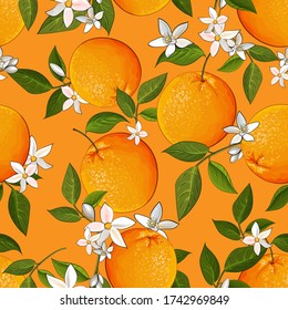 Vector nahtlos Muster mit Orangen, Zitrusfrüchten, weißen Blumen und grünen Blättern auf orangefarbenem Hintergrund. Helle tropische Zitrusfrüchte zum Verpacken von Papier, Küchen-Design. Abbildung.