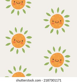 Vector seamless pattern with oranges and leaves. Summer repeated texture with cute citrus fruits. Doodle print with cartoon elements. 