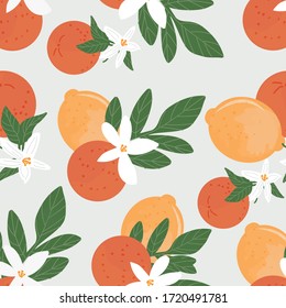 Vector seamless pattern. Vector seamless oranges and lemons seamless tropical leaves pattern.