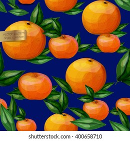 Vector seamless pattern. Oranges and mandarins with leaves on a blue background. 
